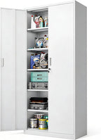 VINGLI Metal Garage Storage Cabinet with 2 Doors and 5 Adjustable Shelves, 71" Tall Steel Lockable File Cabinet, Locking Tool Cabinets for Home Office Garage Gym School (White)