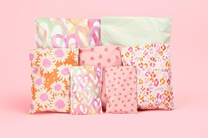 10x13 Designer Poly Mailer 100 Pack Heavy Duty Waterproof Self Seal Shipping Bags for Small Business Large Mailing Envelopes Bulk Tear Resistant Cute Packaging Happy Hearts