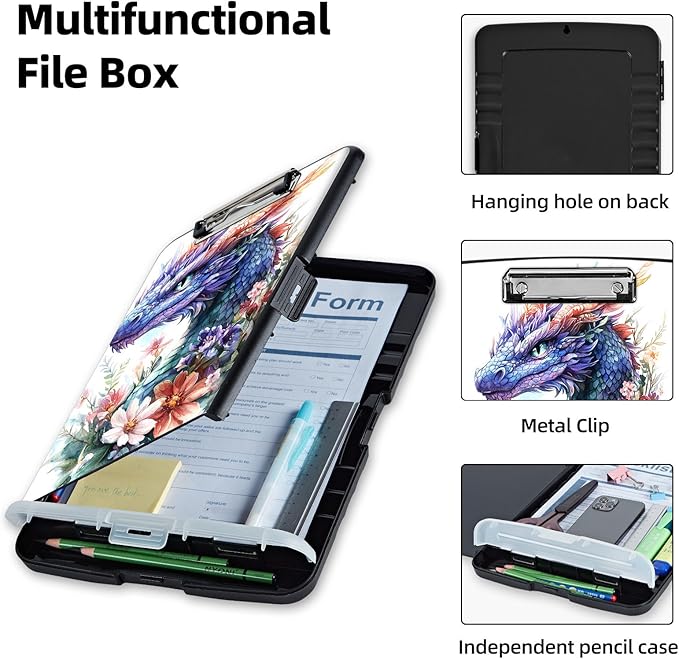 Clipboard with Storage Box & Pen Holder,Heavy Duty Clip Boards 8.5x11 for Nursing,High Capacity,School & Office Supplies,Floral Dragon Art