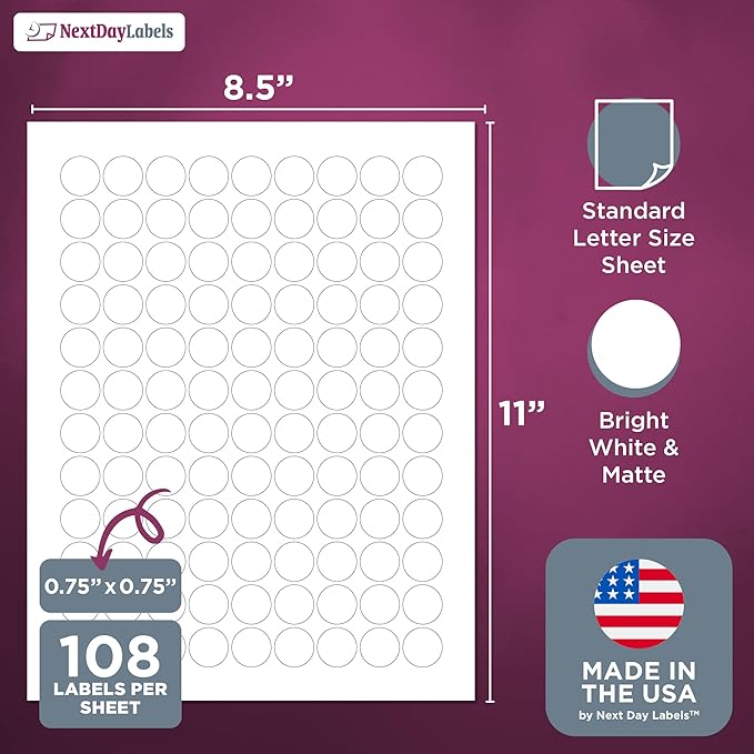 NextDayLabels 3/4 Inch Round Sticker Labels - Matte White Blank Laser/Inkjet Printer Labels - Circle Stickers (1000 Sheets, 108000 Labels)