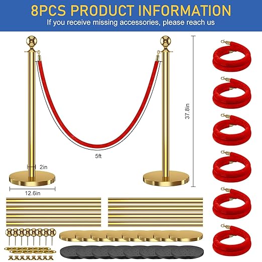 8 PCS Stanchions and Velvet Ropes, Gold Posts 5 Feet Crowd Control Barriers, Stainless Steel Poles for Red Carpet Themed Party Decoration (Golden)
