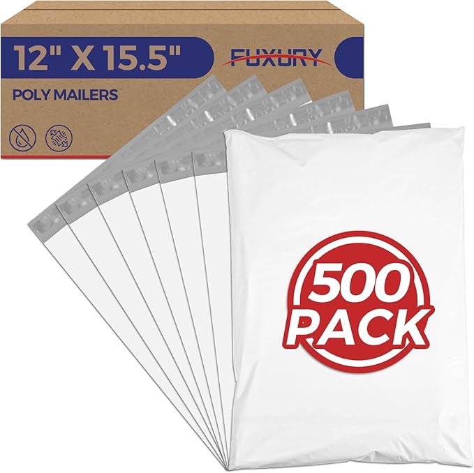Fuxury Poly Mailers 12x15.5" 500Pcs Bulk White Shipping Bags for Clothing, Strong Adhesive Sealing Shipping Envelopes, Tear-resistant Postal Mailing Poly Bags for Books,Accessories,Business