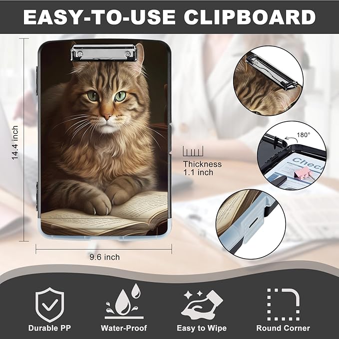 Clipboard with Storage,Storage Clipboard with Pen Holder,Heavy Duty Plastic Storage Clipboard with Low Profile Clip, Clipboard Folder, Teacher Must Haves, Office Supplies,Brown Cat and Books