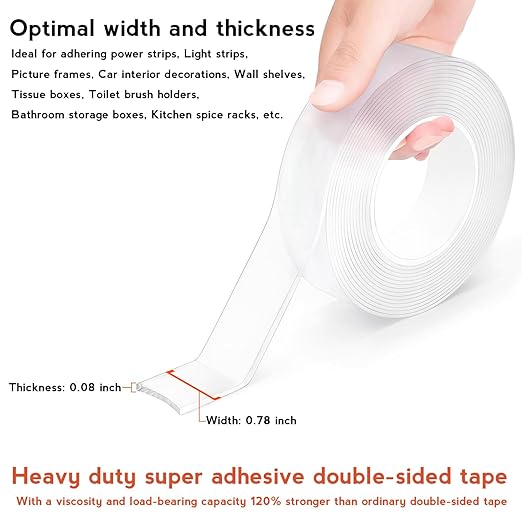 Double Sided Tape Heavy Duty, Nano Double Sided Adhesive Tape for Wall, Tile, Glass, Plastic, Metal, Marble, Ceramic | Perfect for Picture Hanging