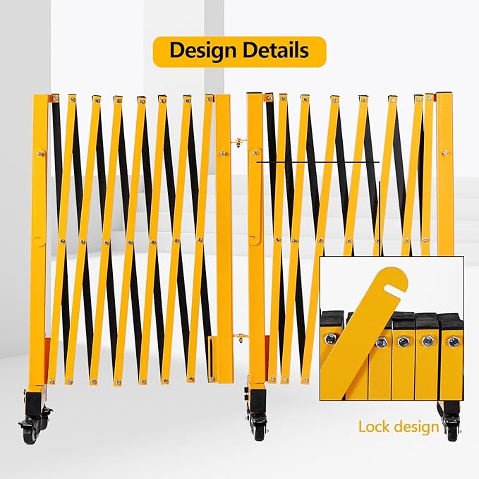 16FT Industrial Expandable Barricade Folding Security Gate with Wheels,Retractable Driveway Gate with Aluminum Fence and 270 Degrees Direction Adjustment(Yellow, 16FT)