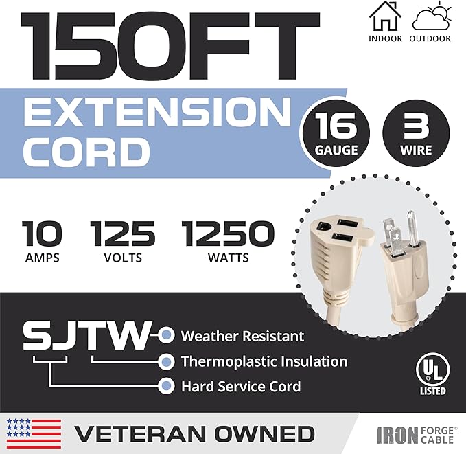 Iron Forge Cable Weatherproof 150 Ft Outdoor Extension Cord - 16/3 SJTW Heavy Duty Light Brown Extension Cord 3 Prong - 10 Amp Exterior Power Cable