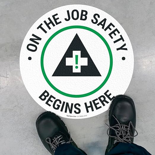 On The Job Safety Begins Here 18x18 inches, Floor Decal Anti-Slip Adhesive Floor Sign Made in USA