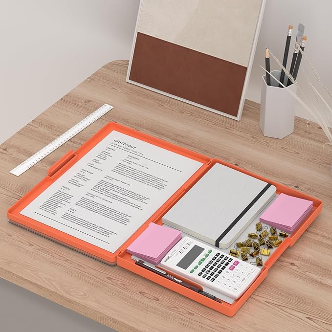 Rimilak Plastic Clipboard with Storage, Side Opening with 2 Compartment, Size 13.3 x 9.4 x 1.5 Heavy Duty High Capacity Nursing Box for Work School & Office Supplies, Orange
