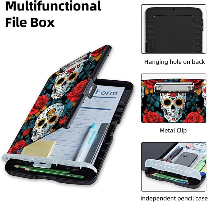 Clipboard with Storage Box & Pen Holder,Heavy Duty Clip Boards 8.5x11 for Nursing,High Capacity,School & Office Supplies,Skull Roses Pattern