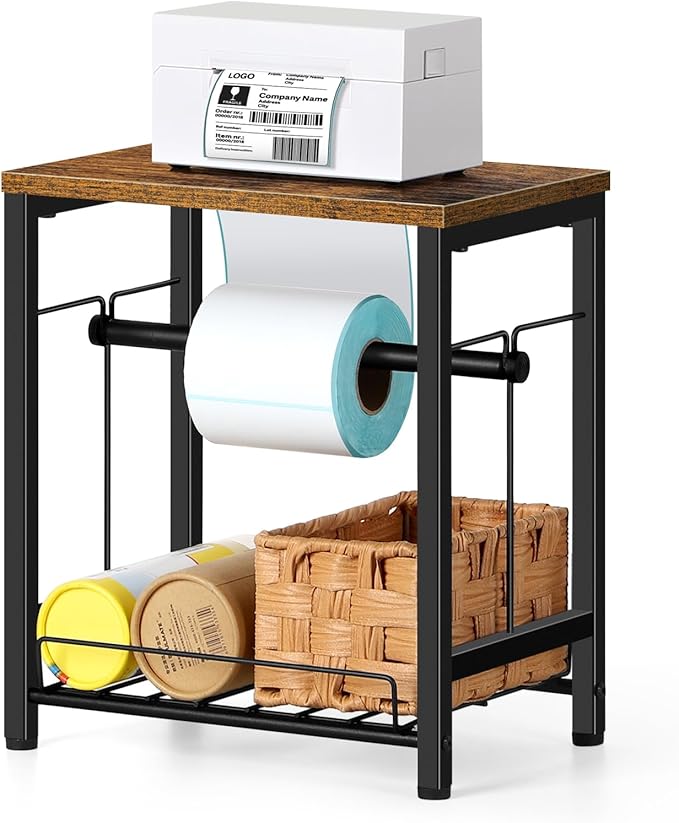 smusei Label Holder Thermal Shipping Label Holder for Rolls & Fan-Fold, Sticker Roll Holder with Basket Desktop Label Roll Dispenser Accessory for Home, Office, Small Business, Rustic Brown