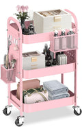 ALVOROG 3 Tier Rolling Cart with DIY Pegboards Metal Utility Cart with Wheels Handles Baskets Hooks, Craft Cart for Office Kitchen Bathroom(Cherry Blossom Pink)