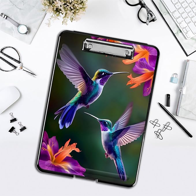 Clipboard with Storage,Office Supplies Nursing Clipboards Folder with Pen Holder Plastic Foldable Clip Board with Storage for Nurse Teacher,Hummingbird Flowers