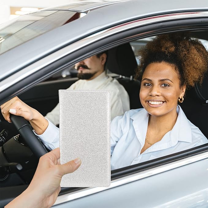 Car Registration and Insurance Holder, Leather Magnetic Shut Vehicle Glove Box Organizer for Document, Card, Driver License, Glitter Silver