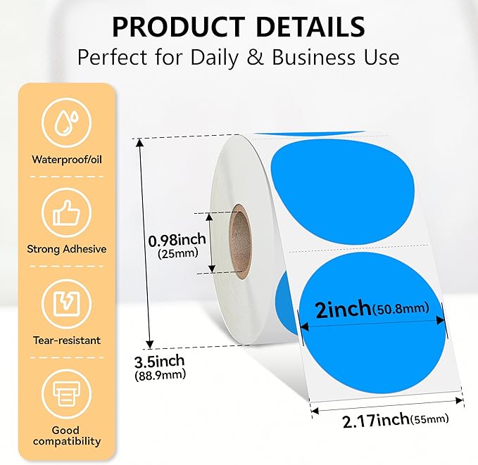 2 inch Dot Stickers Labels Circle Garage Sale Sticker 750Pcs Round Thermal Printer Stickers Printable Writable Price Labels for Yard Sale, Fluorescent Blue