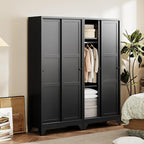 Letaya Metal Wardrobe Cabinets,68" Tall Armoire Wardrobe Closet with Sliding Barn Doors and Shelves,Large Coat Closet Cabinet with Hanging Rod,Clothing Storage Cabinets for Home Room (Black)