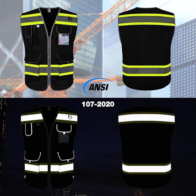 TCCFCCT High Visibility Vest 9 Pockets Hi Vis Reflective Safety Vest for Men Women, Surveyor Work Vest with Fluorescent Yellow Extend Edge, Durable, Breathable, Meets ANSI/ISEA, (DB-Black, Small)