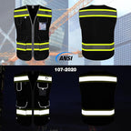 TCCFCCT Safety Vest for Men Women 9 Pockets High Visibility Vest with Fluorescent Yellow Extend Edge, Reflective Work Vest for Surveyor, Durable & Breathable, Meets ANSI/ISEA, (DB-Black, Large)