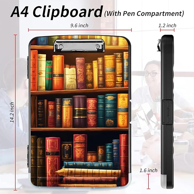 File Clipboard Storage with Pen Holder High Capacity Plastic Nursing Clipboards File Folder Storage Box Clipboard with Heavy Duty Clips for Teacher,Doctor,Offices-Vintage Bookshelf