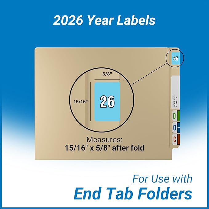 2026 Year Stickers, Doctor Stuff 2026 Chart Stickers, Light Blue Color Coded, Data File Style, USA Made Year Labels for End Tab File Folders, 500/Roll, 1 Roll, 15/16" x 1-1/4"