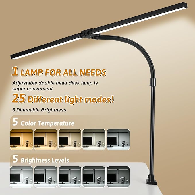 Double Head LED Desk Lamp with Remote Control for Home Office 24W Brightest Computer Desk Light for Workbench Drafting Architect Study Reading with Clamp and Base