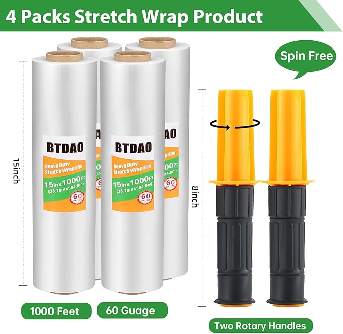4 Rolls Stretch Wrap 15"x1000 Feet Stretch Film Shrink Wrap Packing Moving Suppliers for Shipping Moving Suppliers Packing Pallet Wrapping Surface Protection 60 Gauge (4 Rolls)