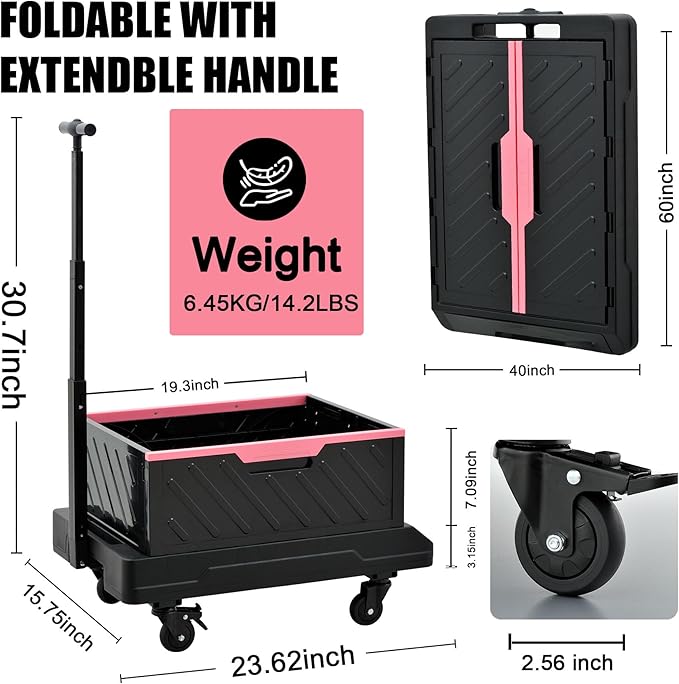 TRULYWIN Foldable Utility Cart with Wheels - Rolling Crate with Wheels, Multi-Function Platform Dolly (132 lbs Capacity) - Flat Tablet Platform & Adjustable Handle for Home,Garden & Travel Utility