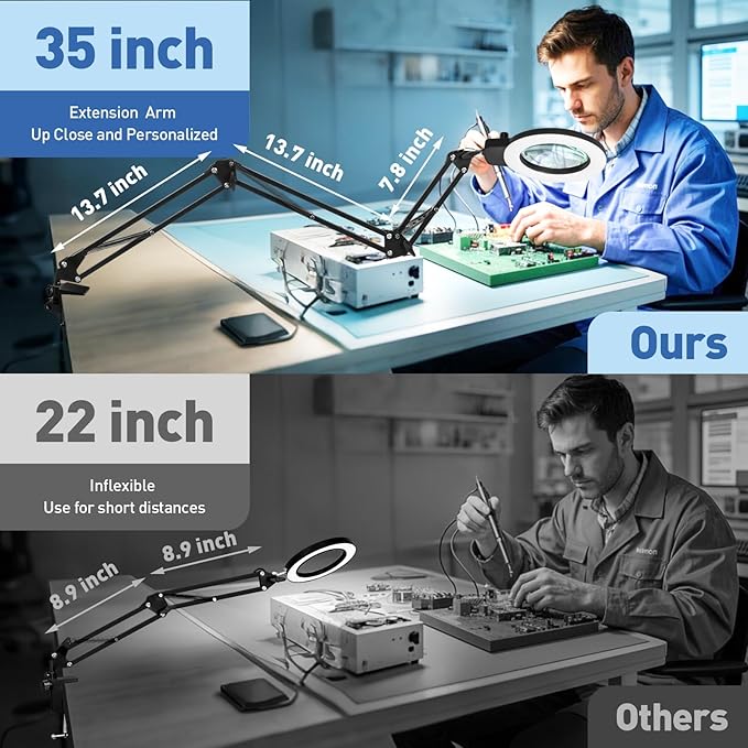 HITTI 12X Extra Long Magnifying Glass with Light, Upgrade Infinite Color and Brightness LED Desk Lamp with Clamp, Hands Free 3 Section Magnifier Light and Stand for Workbench Crafts Reading Painting