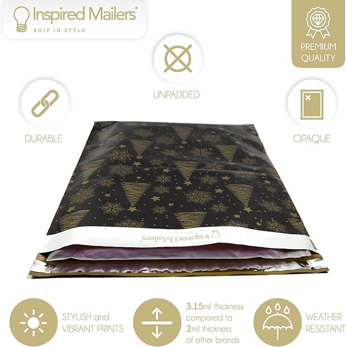 Inspired Mailers - Christmas Poly Mailers 14.5x19 Holiday Variety Pack of 30-10 each: Trees & Snowflakes, Rose Gold Trees, Gold Snowflake Baubles (14.5x19, 30 Pack)