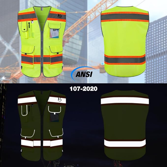 TCCFCCT High Visibility Vest 9 Pockets Hi Vis Reflective Safety Vest for Men Women, Surveyor Work Vest with Fluorescent Orange Extend Edge, Durable, Breathable, Meets ANSI/ISEA, (DB-Yellow, Small)