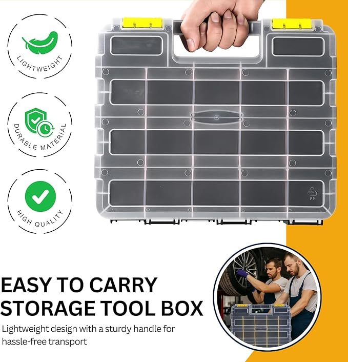 Andalus Tools Organizer Box, Small Parts Storage 34-Compartment Double-Sided Portable Hardware Organizer Removable Plastic Dividers for Screws, Nuts, Bolts, Nails – Yellow (1 Pack, 12.5" x 10.5" x 3")