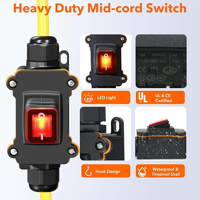 Heavy Duty Extension Cord with On/Off Switch, Outdoor Waterproof Inline Power Switch (Hook Mount, LED Indicator), All-UL Listed (Plug/Switch/Cable), 14/3 AWG STJW, 125V/15A/1875W, 3-Pronged, 3FT