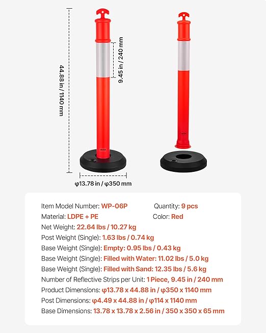 VEVOR 9 Pack Traffic Delineator Posts, 48 inches Traffic Safety Cones with Fillable Base and Reflective Strips, Heavy Duty Delineator Posts for Construction Site, Parking Lot, Crowd Control, Red