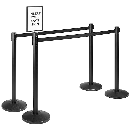 Qbuster Black Stanchions with Retractable Belts, Crowd Control Safety Barrier with 11’ Black Belts, 1 Sign Holder, Set of 4 Posts