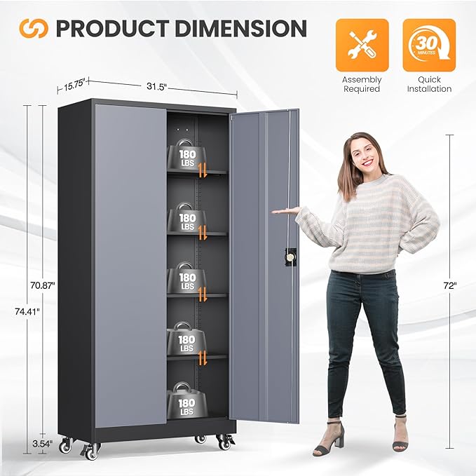 Metal Garage Cabinets with Wheels, Heavy Duty Rolling Storage Cabinet with Lock, Storage Caninet with 2 Doors and 4 Shelves, Tall Tool Cabnet on Wheels for Workshop/Home/Office-(Black Gray 75”H)