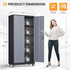 Metal Garage Cabinets with Wheels, Heavy Duty Rolling Storage Cabinet with Lock, Storage Caninet with 2 Doors and 4 Shelves, Tall Tool Cabnet on Wheels for Workshop/Home/Office-(Black Gray 75”H)