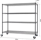 Trinity Basics 4-Tier Adjustable Wire Shelving with Wheels for Kitchen Organization, Garage Storage, Laundry Room, NSF Certified, 600 to 1800 Pound Capacity, 60” by 24” by 54”, Black