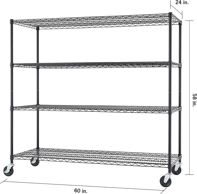 Trinity Basics 4-Tier Adjustable Wire Shelving with Wheels for Kitchen Organization, Garage Storage, Laundry Room, NSF Certified, 600 to 1800 Pound Capacity, 60” by 24” by 54”, Black