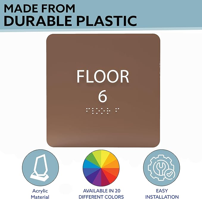 6" X6" Floor 6 Sign - ADA Compliant Tactile Graphics Grade 2 Braille Text Acrylic Wall Signs - Directional Assistance, Floor Number Safety Sign for Office, school Hospital, Apartment