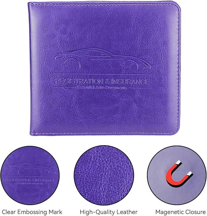 Car Registration and Insurance Holder, Premium Pu Leather Vehicle Glove Box Organizer - for Driver License, Cards & Essential Documents (S-Purple)