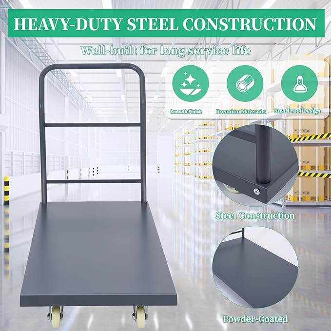 Heavy Duty Flatbed Cart 48"x30" Platform Truck, 2000 lbs Capacity Steel Hand Truck with 4 Swivel Wheels, Industrial Utility Push Cart for Warehouse, Garage, and Moving Supplies