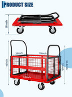 Platform Truck Cart with Cage, 6-in-1 Multi-Purpose Flatbed Cart, Foldable Hand Truck Load 1800LBS with 4 Wheels Push Dolly for Grocery, Laundry, Garage, Warehouse (Red+Black)