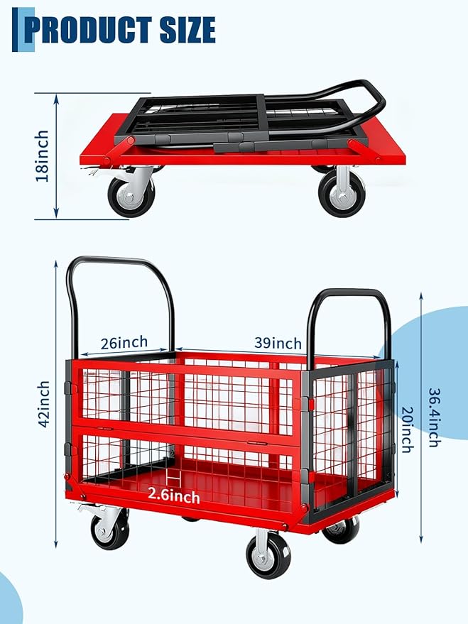 Platform Truck Cart with Cage, 6-in-1 Multi-Purpose Flatbed Cart, Foldable Hand Truck Load 1800LBS with 4 Wheels Push Dolly for Grocery, Laundry, Garage, Warehouse (Red+Black)