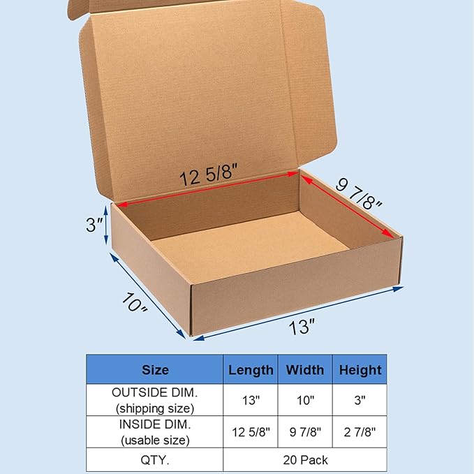 Shipping Boxes 13x11x3 Inches 20 Pack Corrugated Cardboard Mailing Boxes for Small Business, Kraft Medium Literature Mailer Packaging Supplies Brown