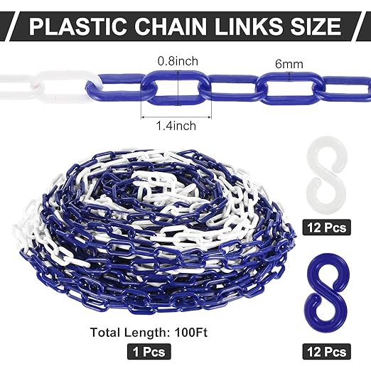 PATIKIL Plastic Chain Links, 100 Foot Safety Barrier Chain Blue/White for Crowd Control, Queue Line, Parking, Fence, Gate, Concert, Construction Site and Decoration