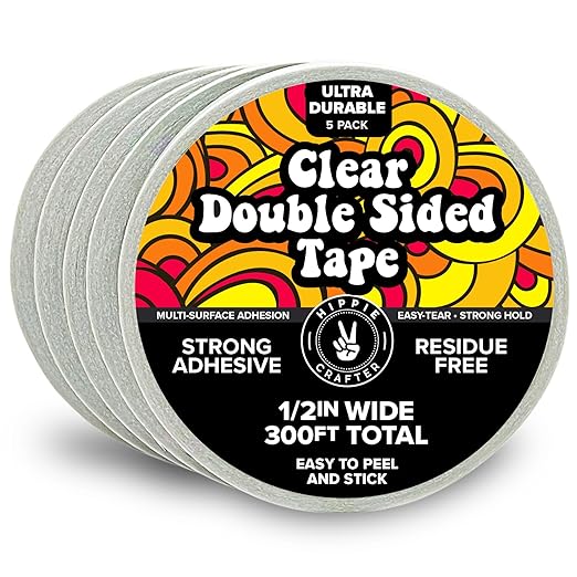 Clear Double-Sided Tape for Crafts, 1/2 Inch Wide Heavy-Duty Adhesive, Strong Sticky Thin Mounting Tape for Posters, Carpets, and Wall-Safe Use, 5 Rolls, 60ft Each, 300ft Total