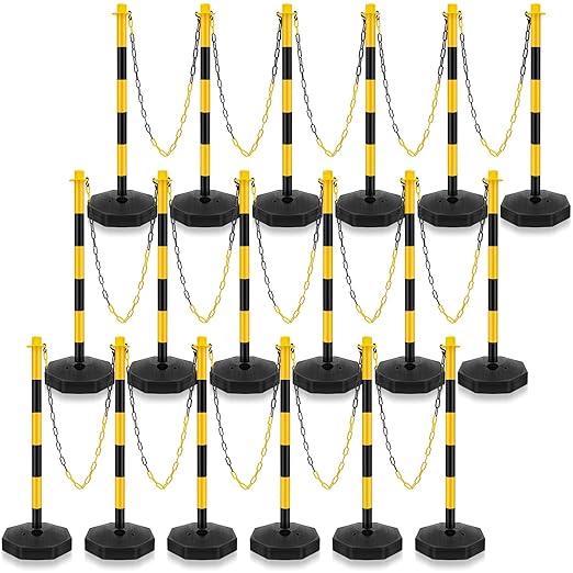 Konohan 18 Sets 34 Inch Parking Cone Delineators Post Traffic Cone Plastic Stanchion Set Stands Parking Barrier with Base 6.6 ft Chain S Hooks Reflective Collar (Yellow,Black)