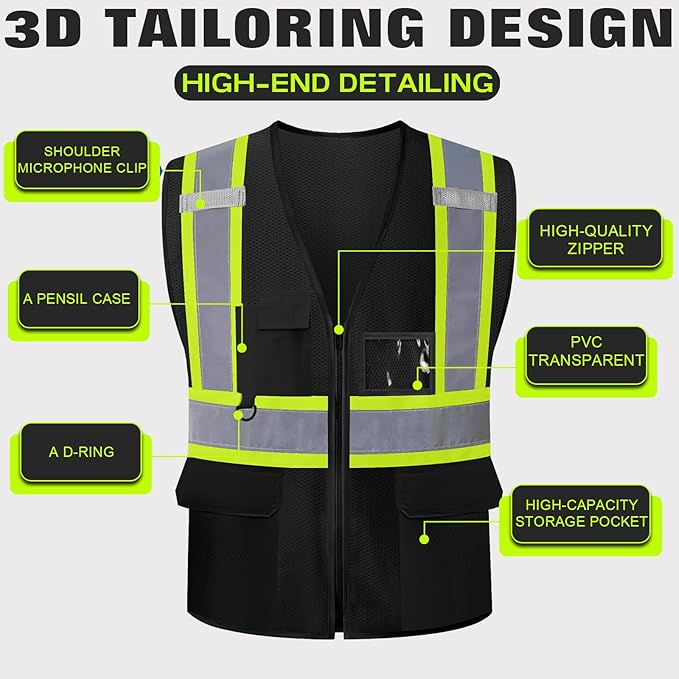 Safety Vest Customize Logo with 5 Pockets & Zipper Reflective High Visibility Vest Class 2 Outdoor Workwear