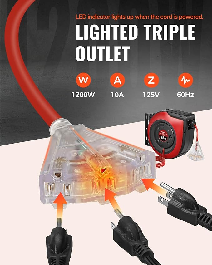 Retractable Extension Cord Reel, 75 FT Heavy Duty Extension Cord, 14AWG/3C SJTOW, 3 Grounded Outlets Lighted Triple Tap, 10A Circuit Breaker, Wall/Ceiling Mounted, UL Listed, Red R75CR06