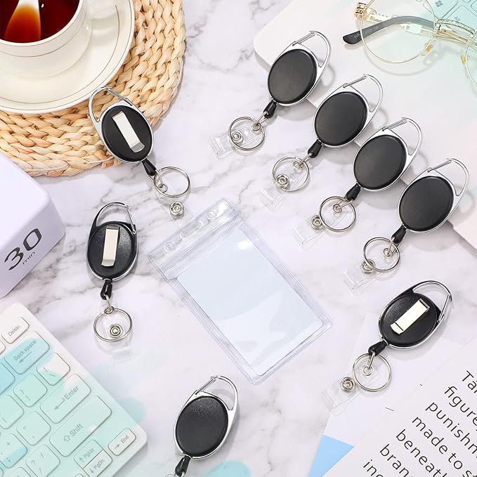 Laumoi Retractable ID Badge Holder Badge Reel with Belt Clip and Key Ring, Name ID Badge Clips Keychain for Office Worker Doctor Nurse Employee (80, Black)