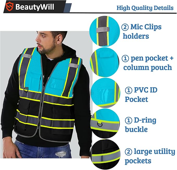 10 Pack Custom Safety Vest Customized Logo Mesh Vest Class 2 High Visibility Reflective Vest with Pockets Workwear（LightBlue Black，XL ）